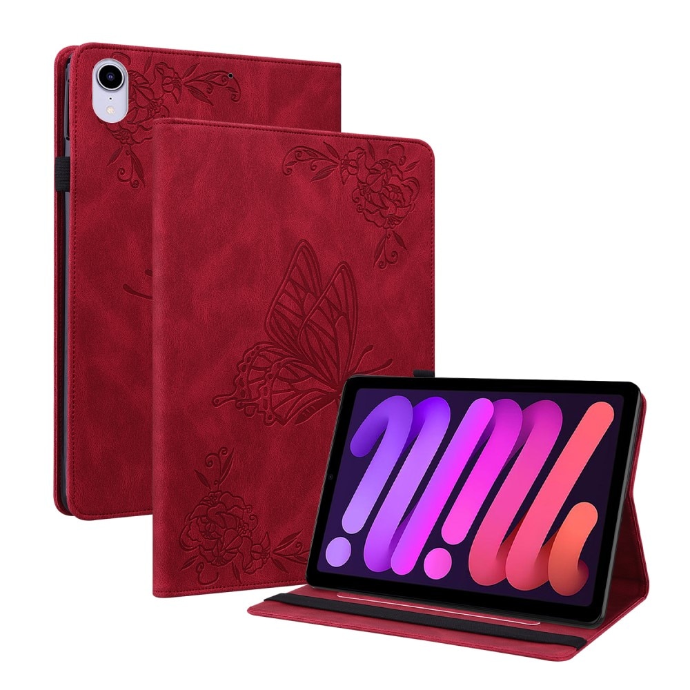 Étui en cuir avec papillons Apple iPad Mini 7th Gen (2024) rouge