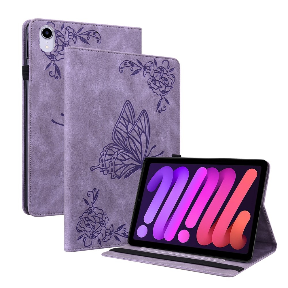 Étui en cuir avec papillons Apple iPad Mini 7th Gen (2024), violet