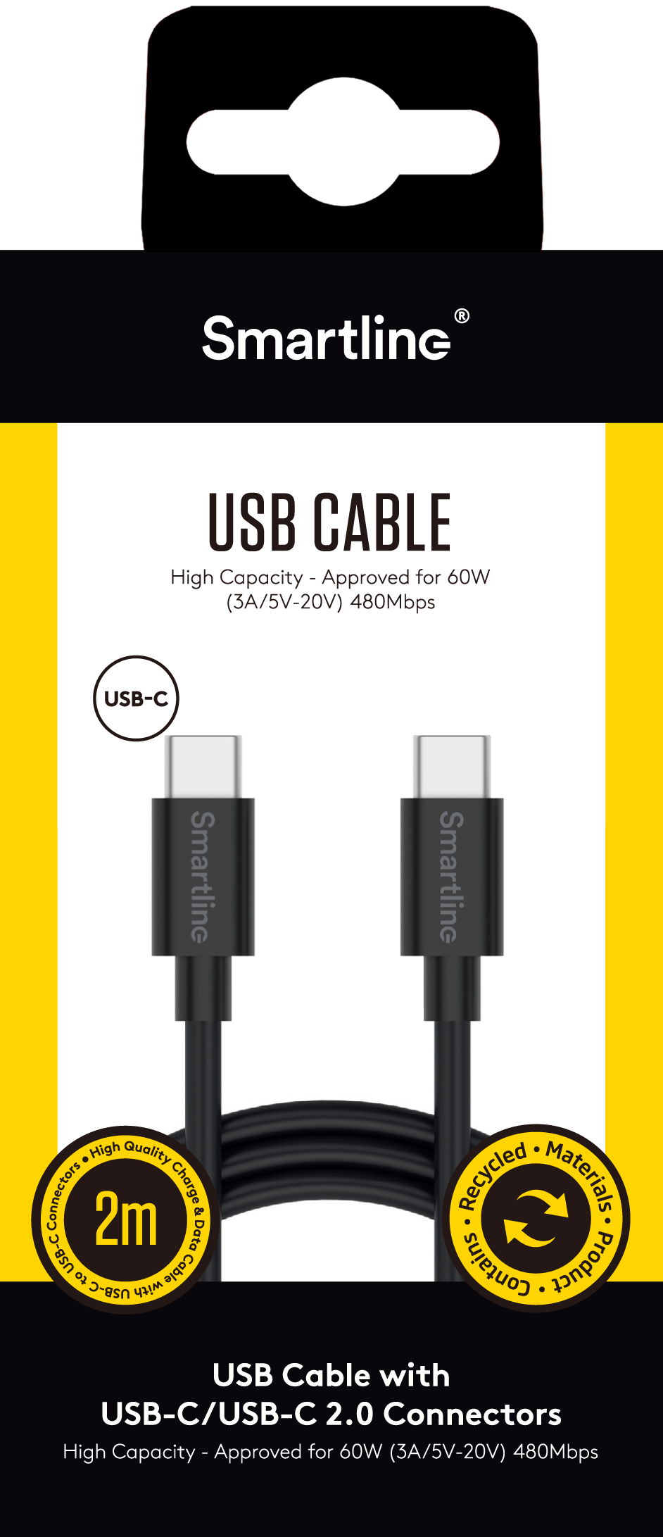 Câble USB-C vers USB-C 2 mètre, noir