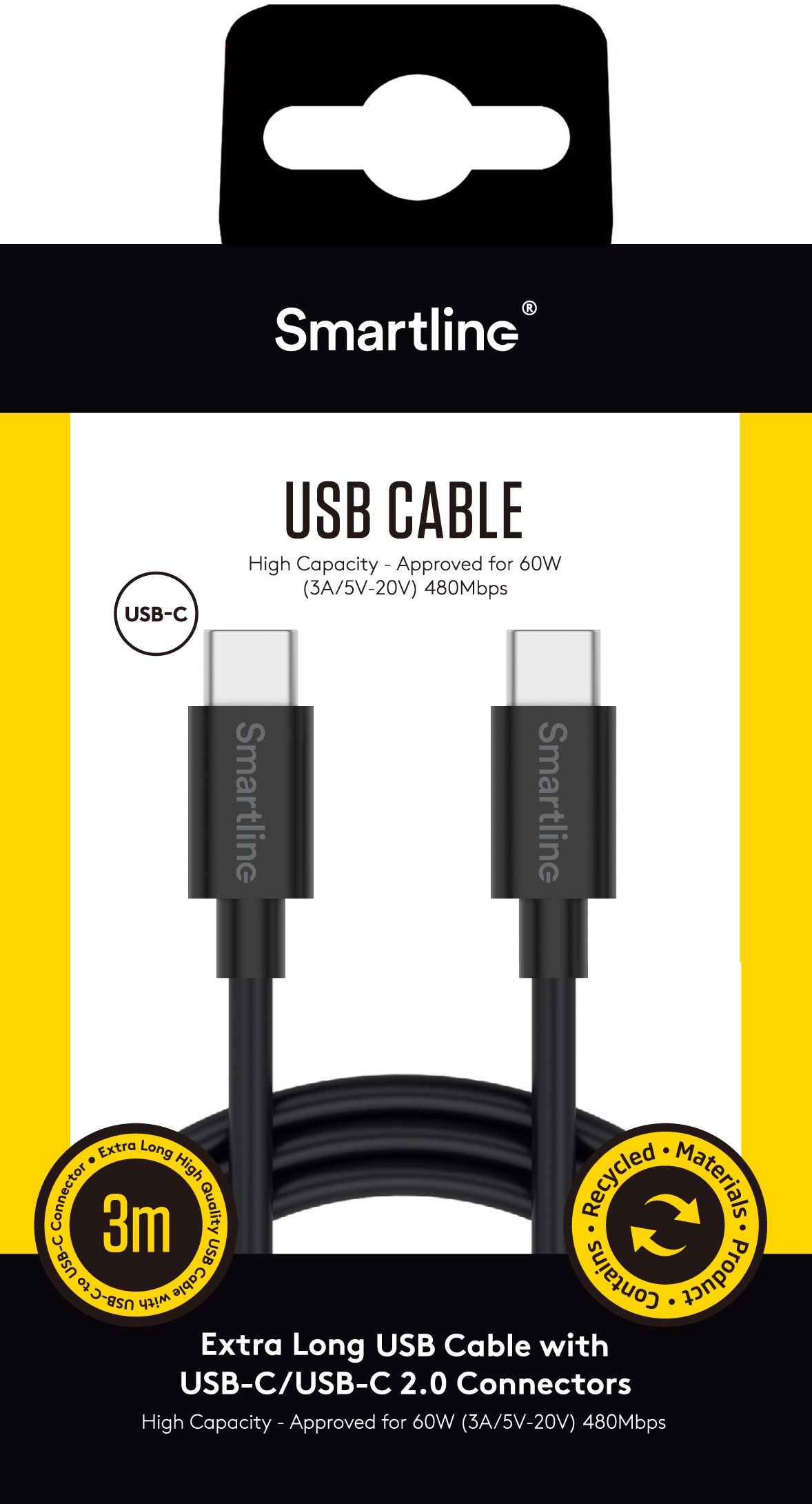 Câble USB-C vers USB-C 3 mètre, noir