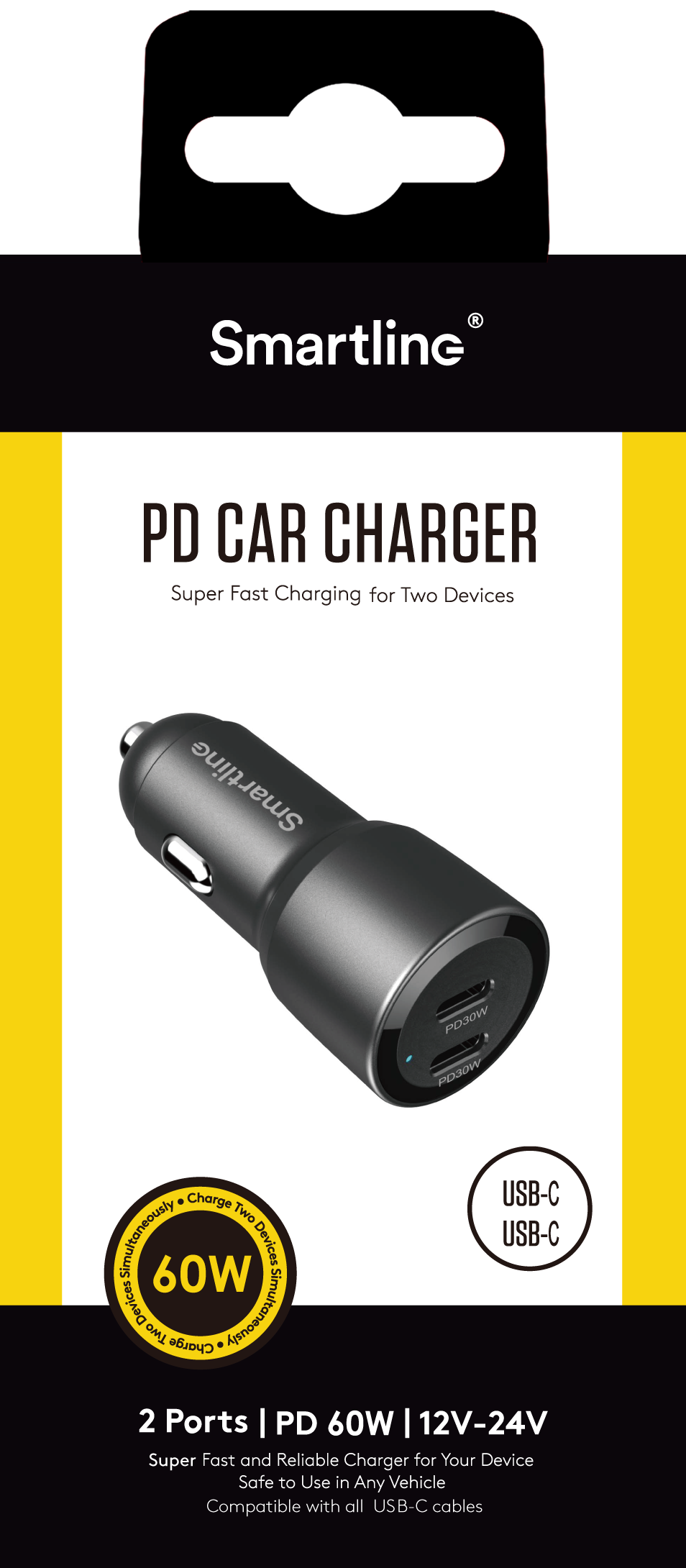 Chargeur de voiture USB-C x2 60W PD, noir