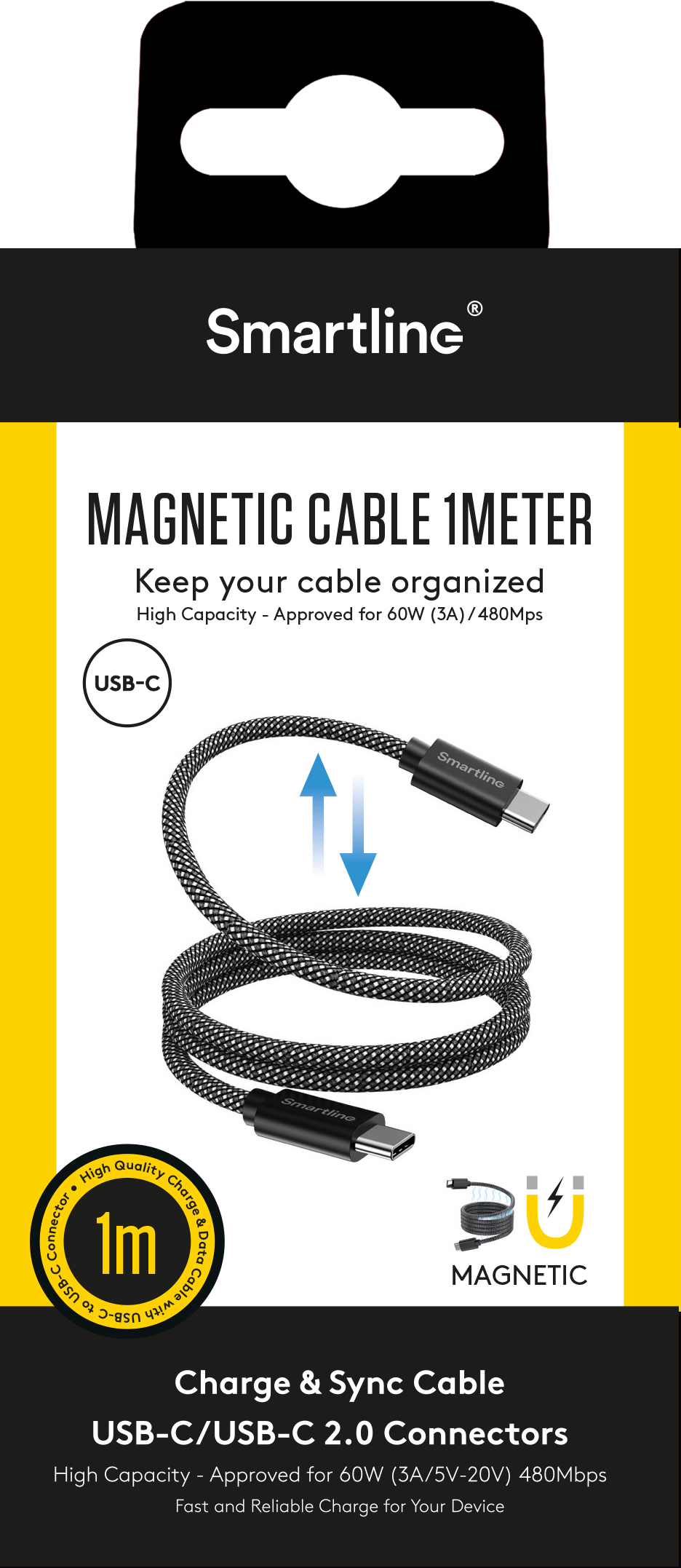 Câble magnétique USB-C vers USB-C 1m, noir