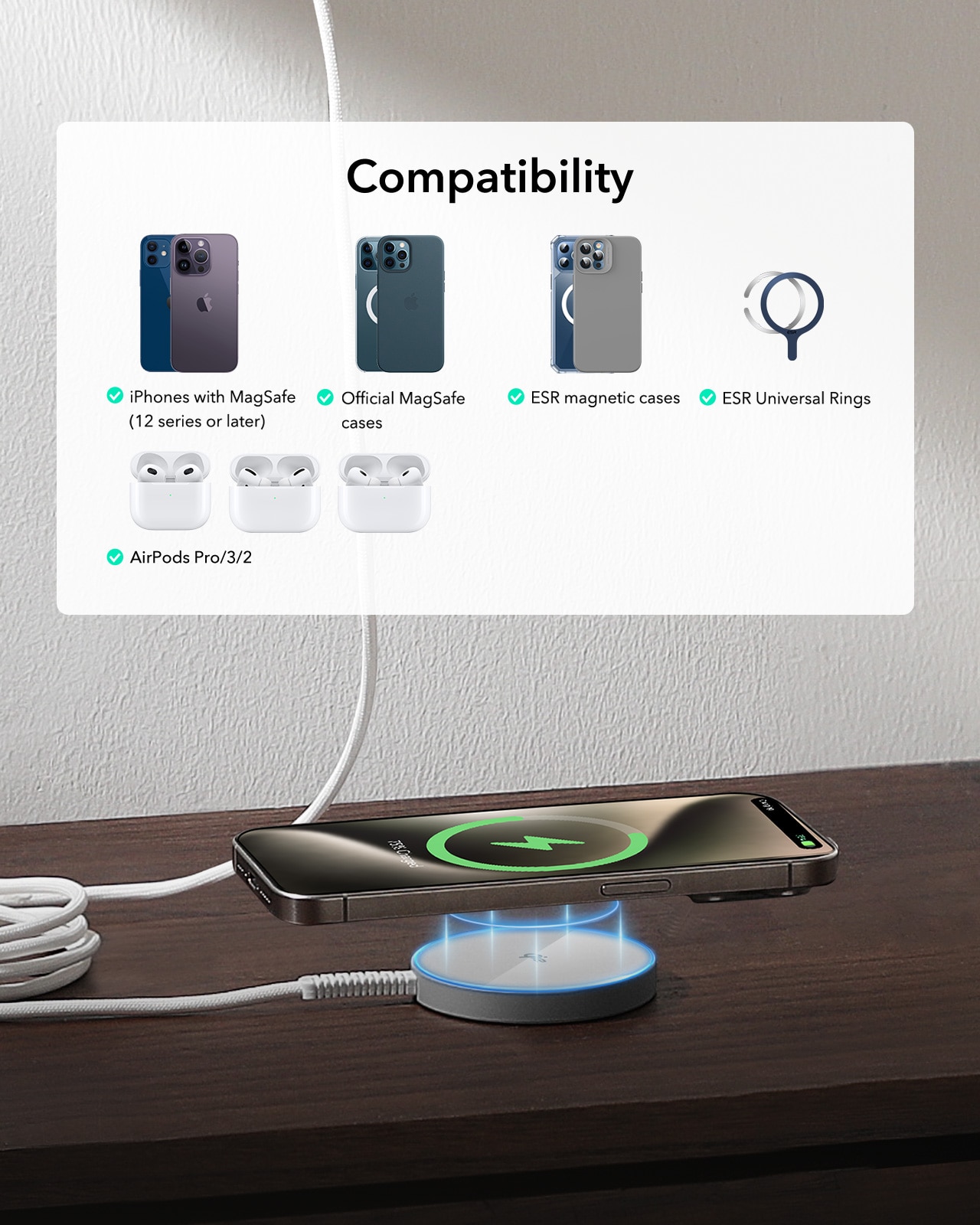 HaloLock Mini Qi2 MagSafe Magnetic Wireless Charger, argent