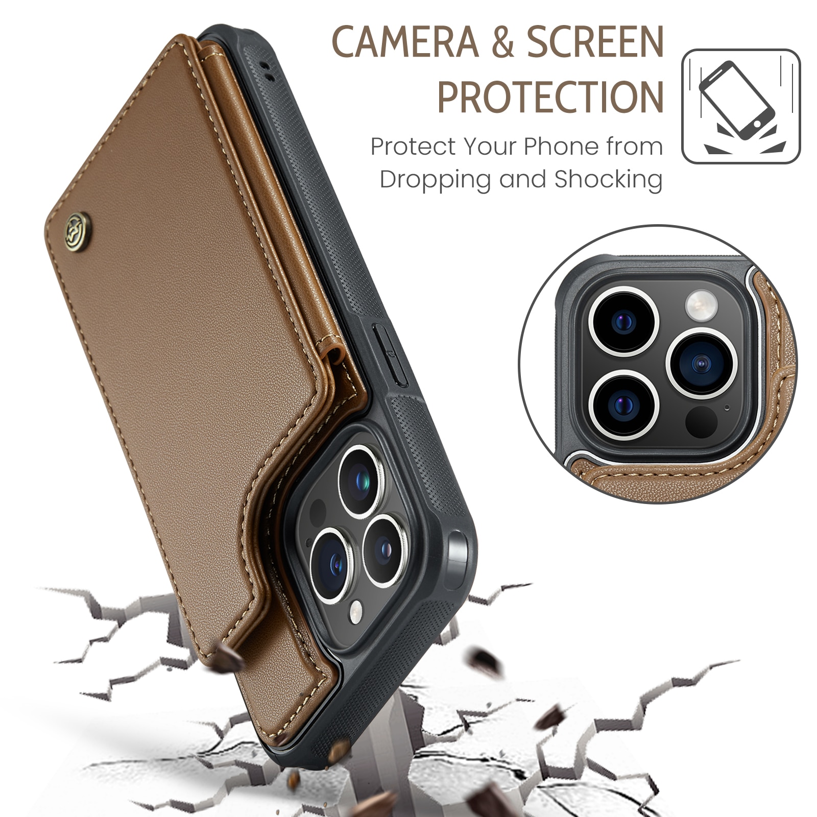 Coque porte-cartes anti-RFID iPhone 15 Pro Max, marron