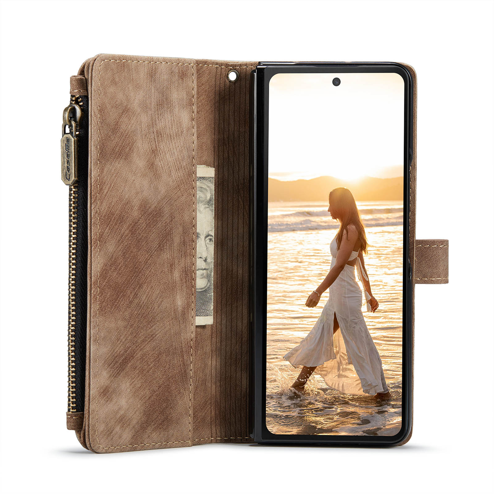 Étui portefeuille à glissière Samsung Galaxy Z Fold 6, marron