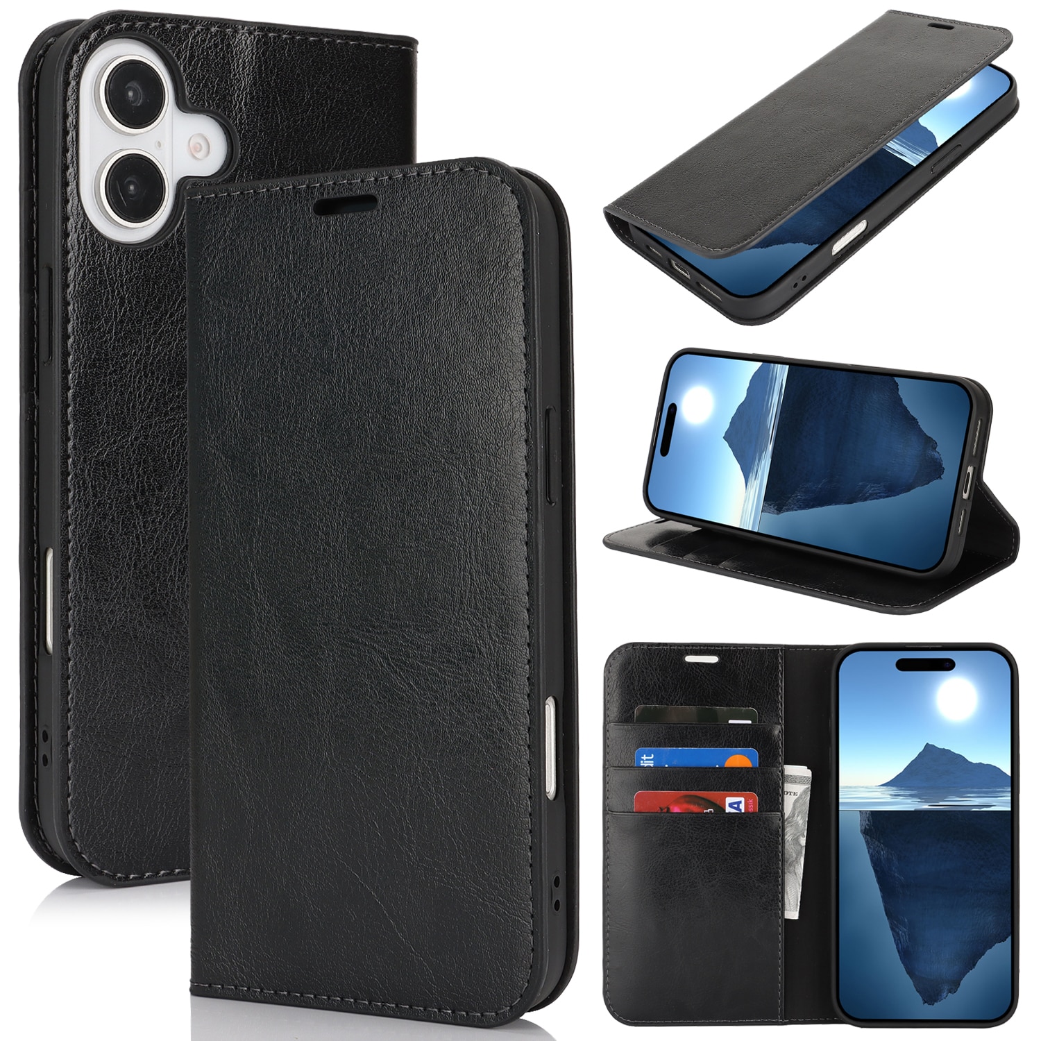 Coque portefeuille en cuir Veritable iPhone 16 Plus, noir