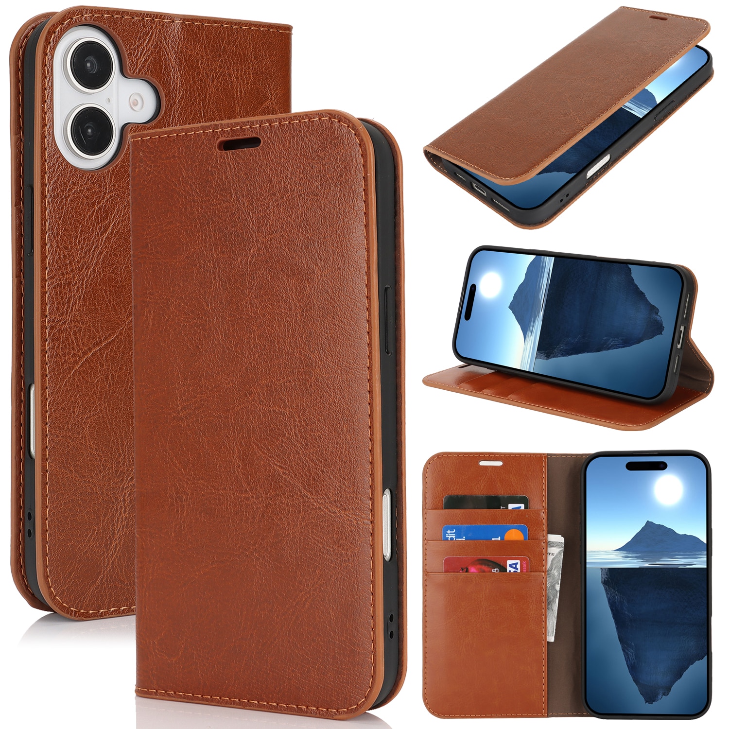 Coque portefeuille en cuir Veritable iPhone 16 Plus, marron