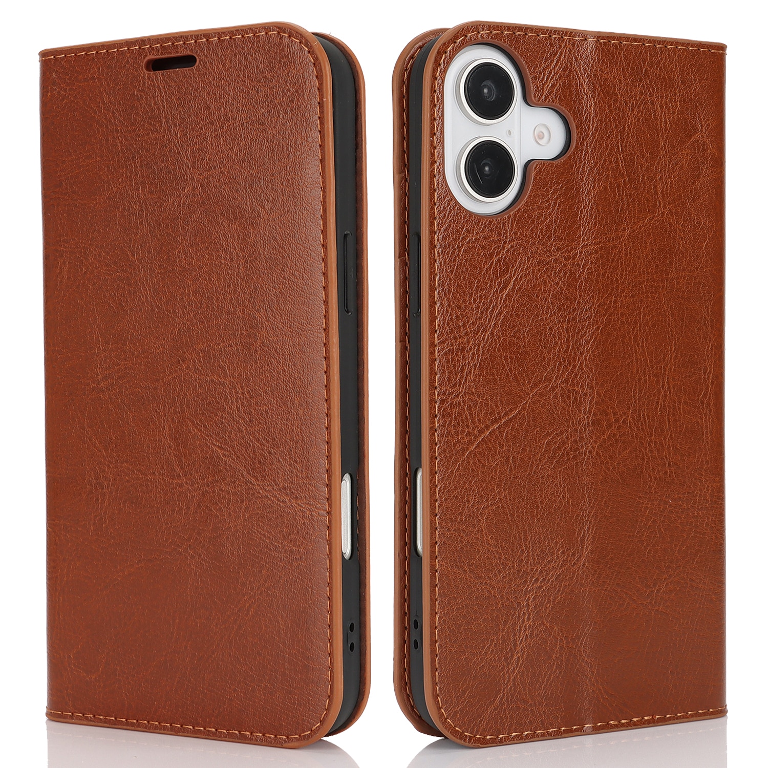 Coque portefeuille en cuir Veritable iPhone 16 Plus, marron