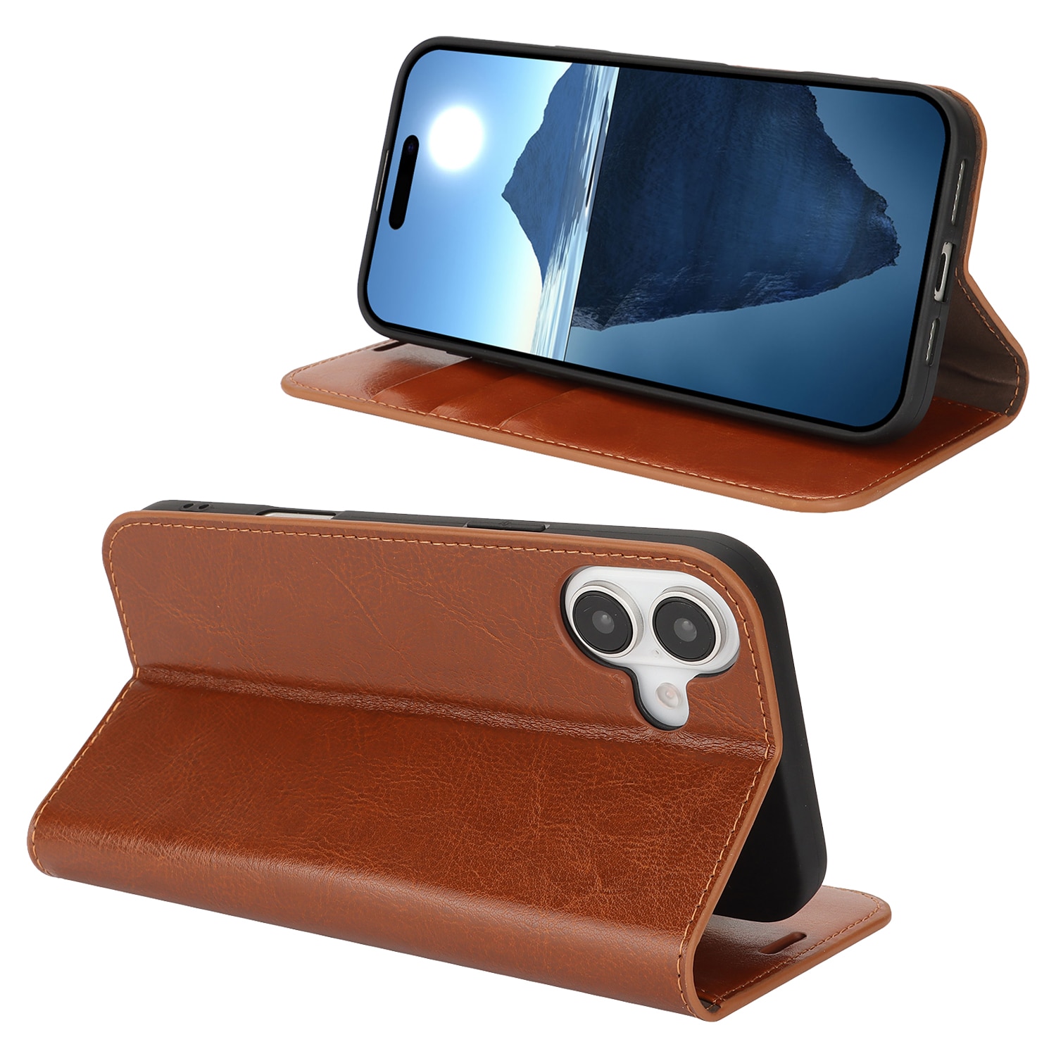 Coque portefeuille en cuir Veritable iPhone 16 Plus, marron