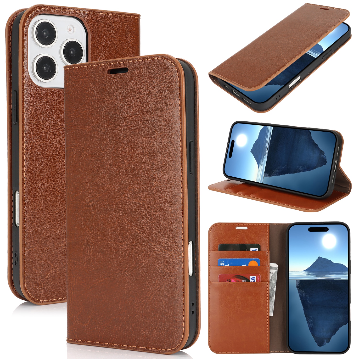 Coque portefeuille en cuir Veritable iPhone 16 Pro, marron