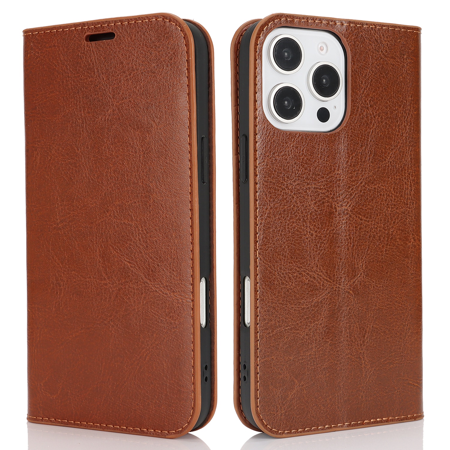 Coque portefeuille en cuir Veritable iPhone 16 Pro, marron