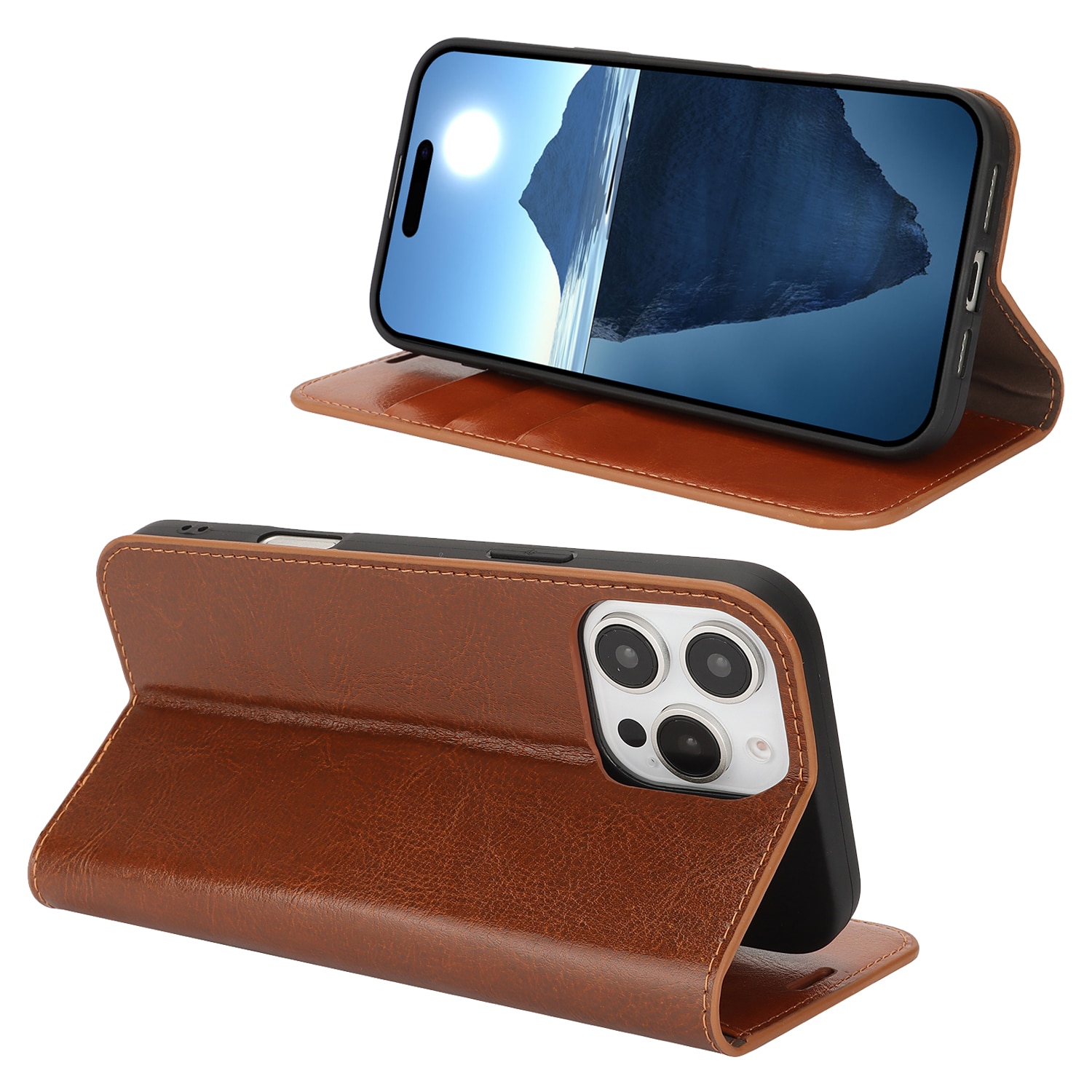 Coque portefeuille en cuir Veritable iPhone 16 Pro, marron