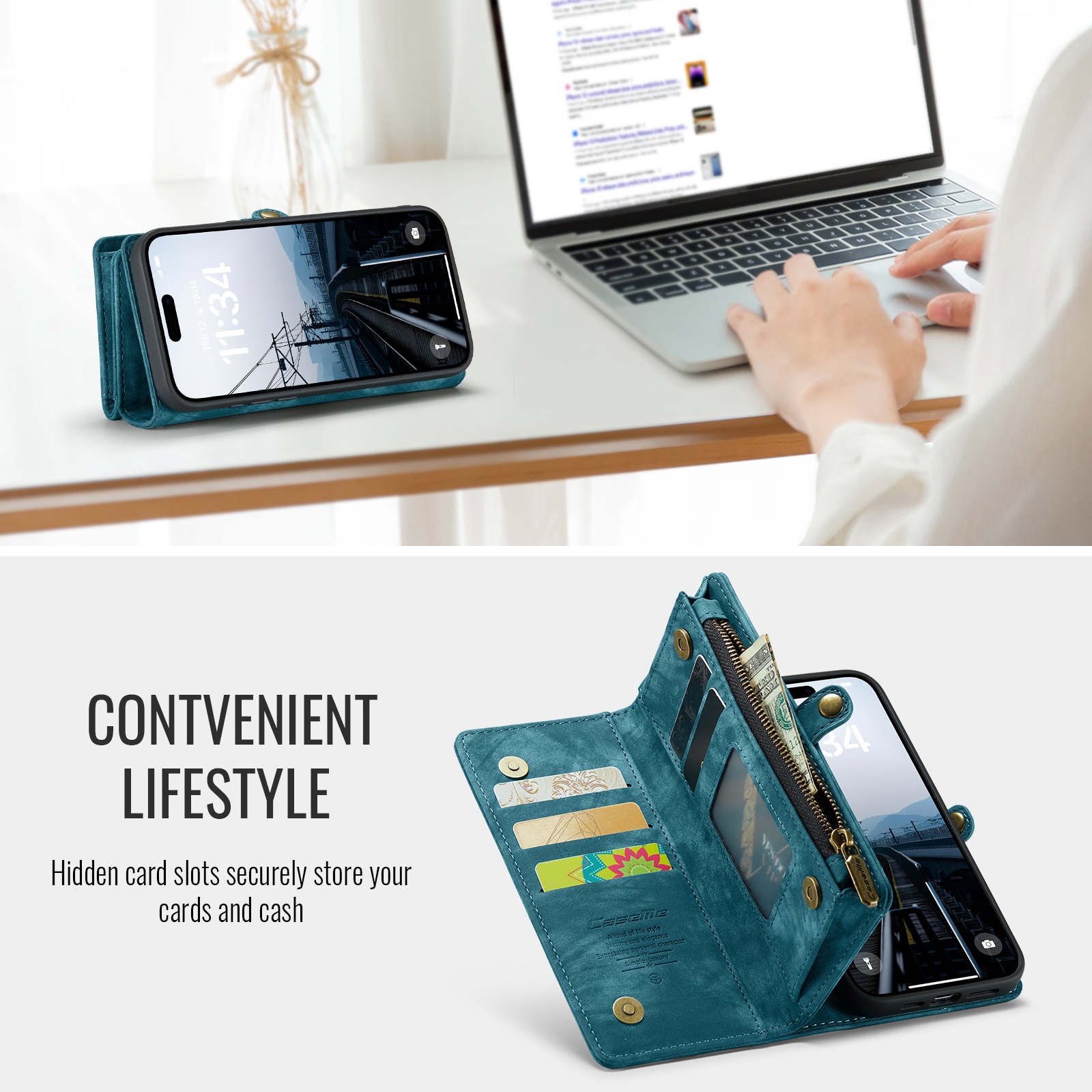 Étui portefeuille multi-cartes iPhone 16 Plus, bleu