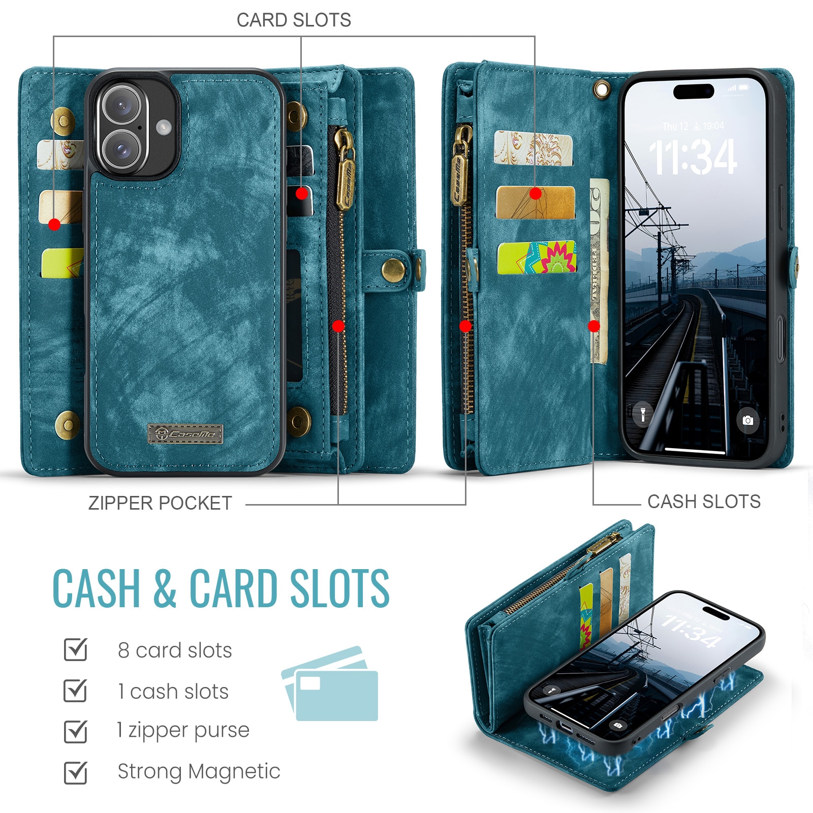 Étui portefeuille multi-cartes iPhone 16 Plus, bleu