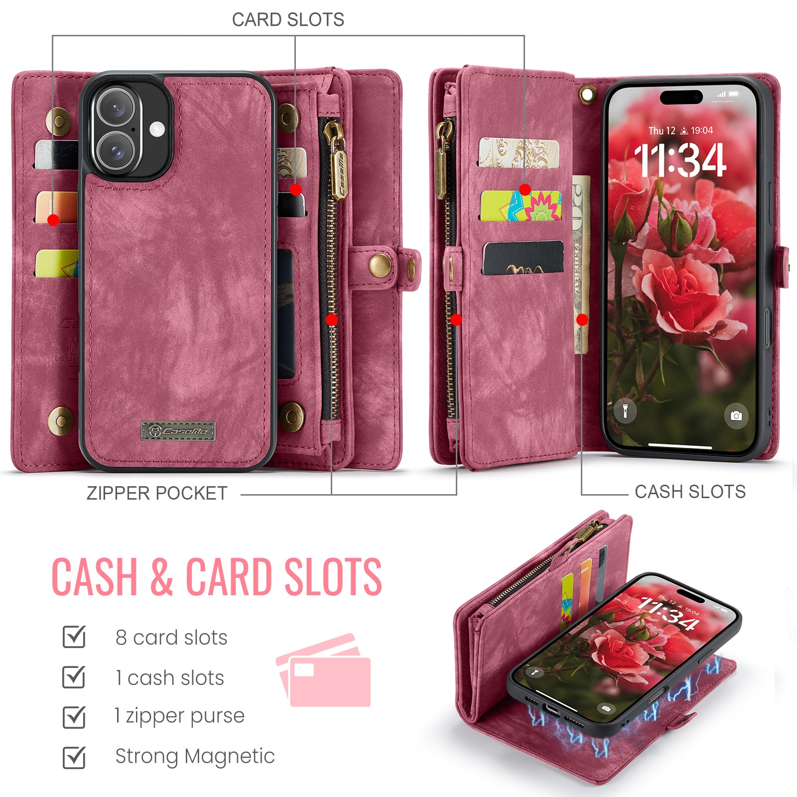 Étui portefeuille multi-cartes iPhone 16 Plus, rouge