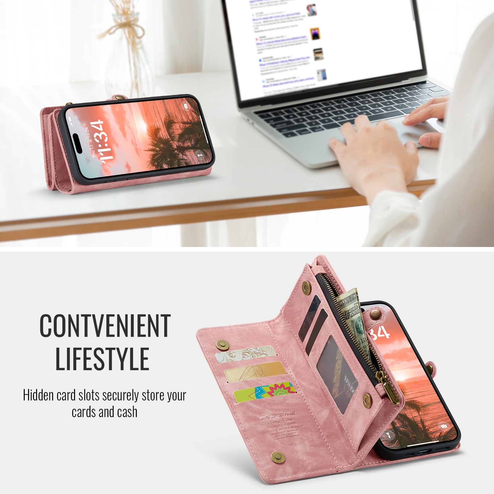 Étui portefeuille multi-cartes iPhone 16, rose