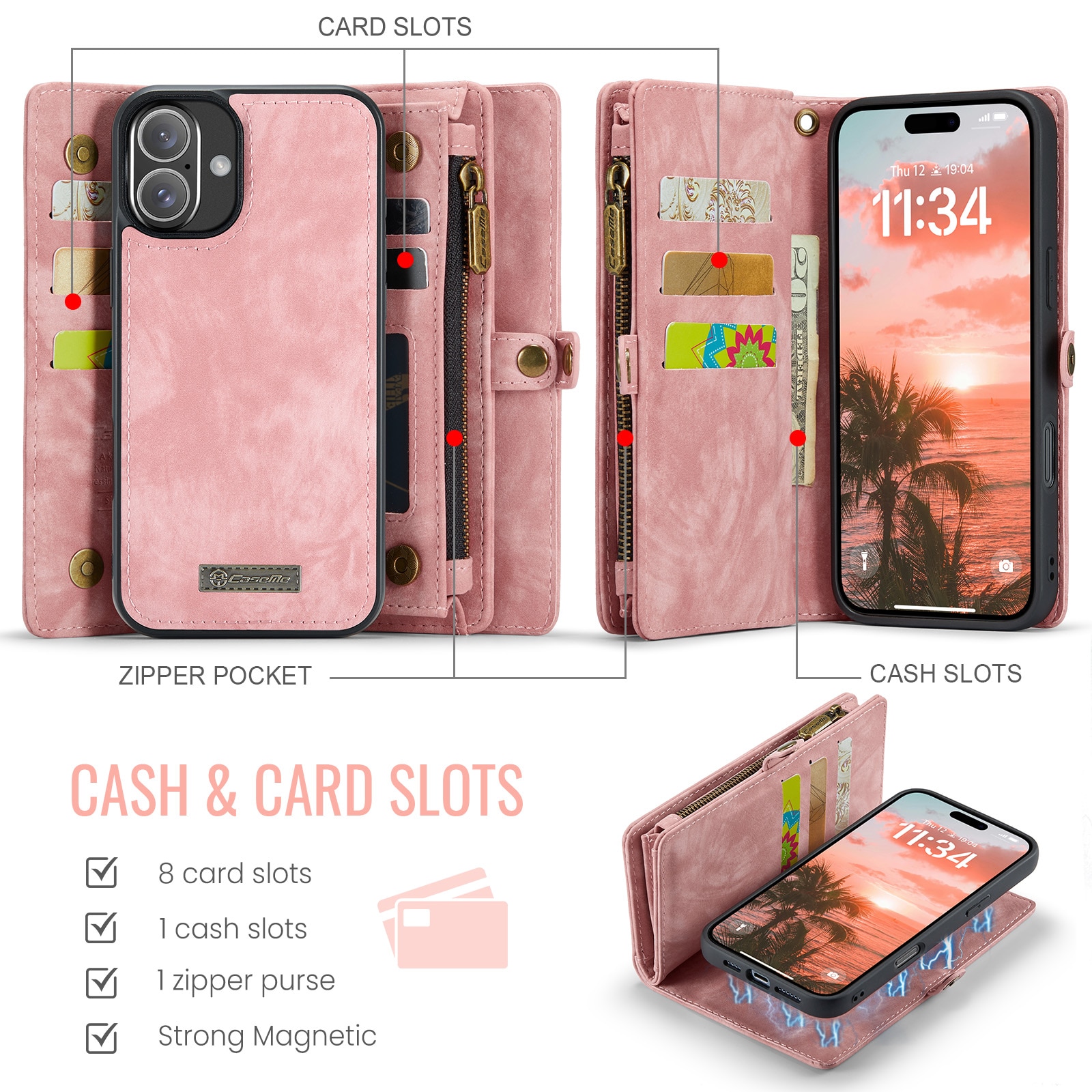 Étui portefeuille multi-cartes iPhone 16 Plus, rose