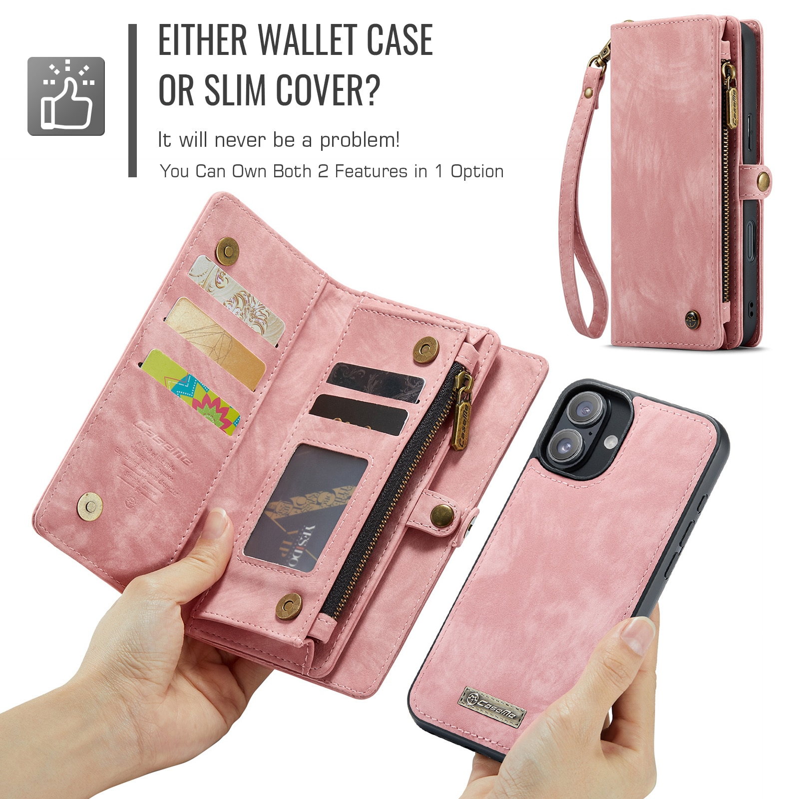 Étui portefeuille multi-cartes iPhone 16 Plus, rose