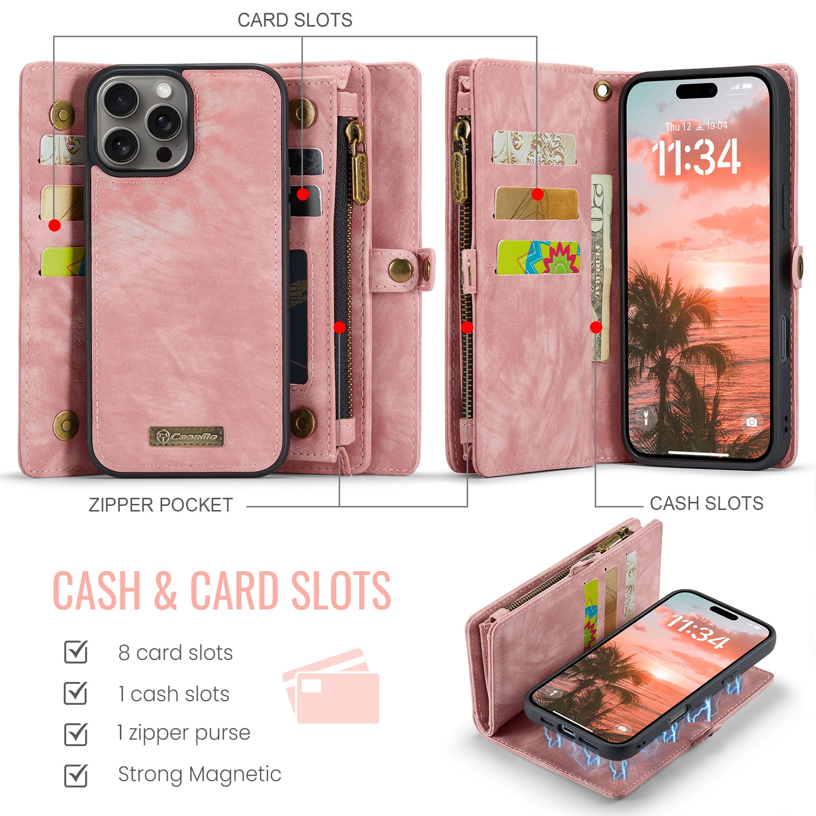 Étui portefeuille multi-cartes iPhone 16 Pro, rose