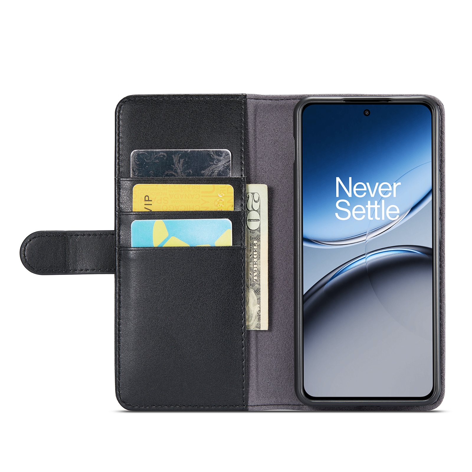 Étui en cuir veritable OnePlus Nord 4, noir