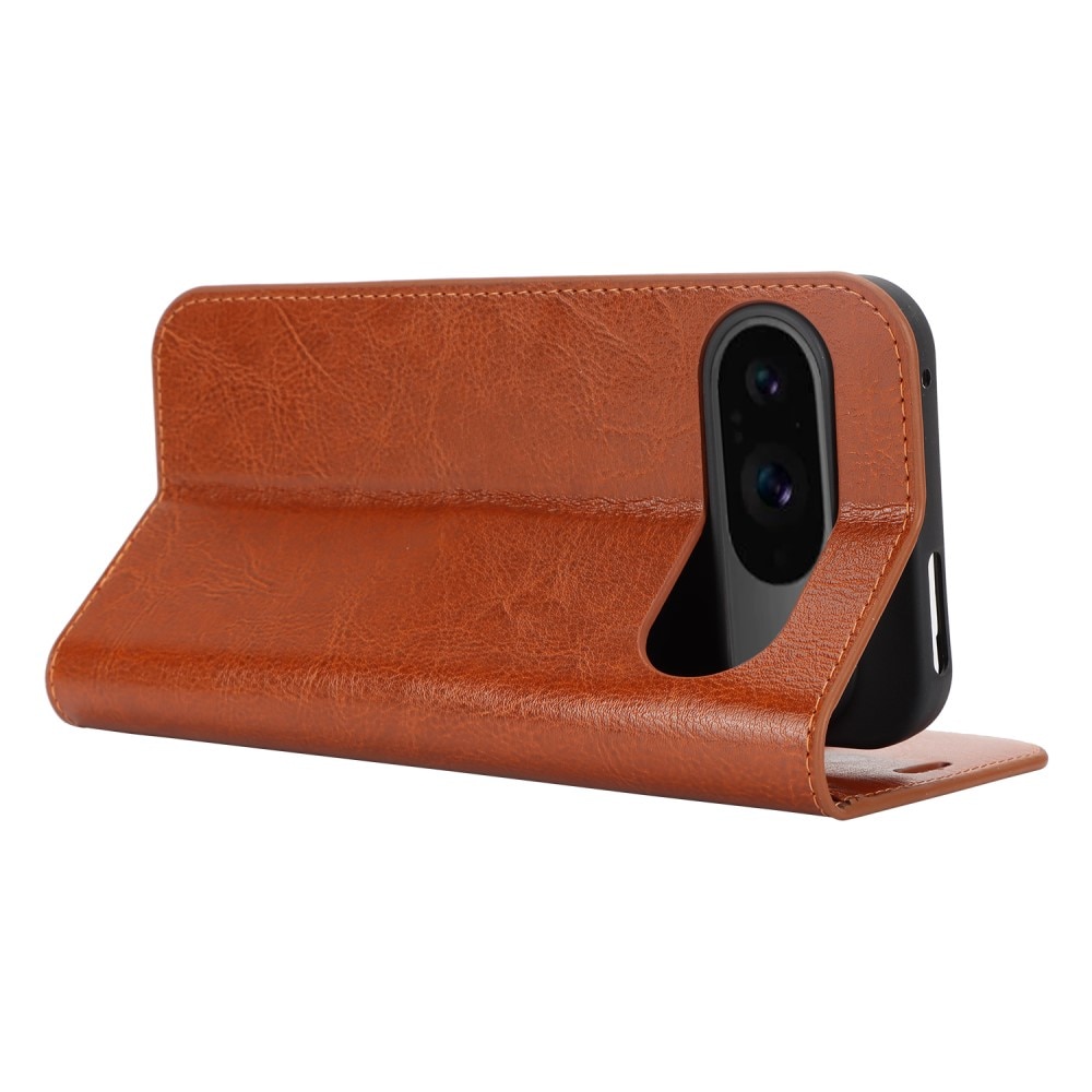 Coque portefeuille en cuir Veritable Google Pixel 9, marron