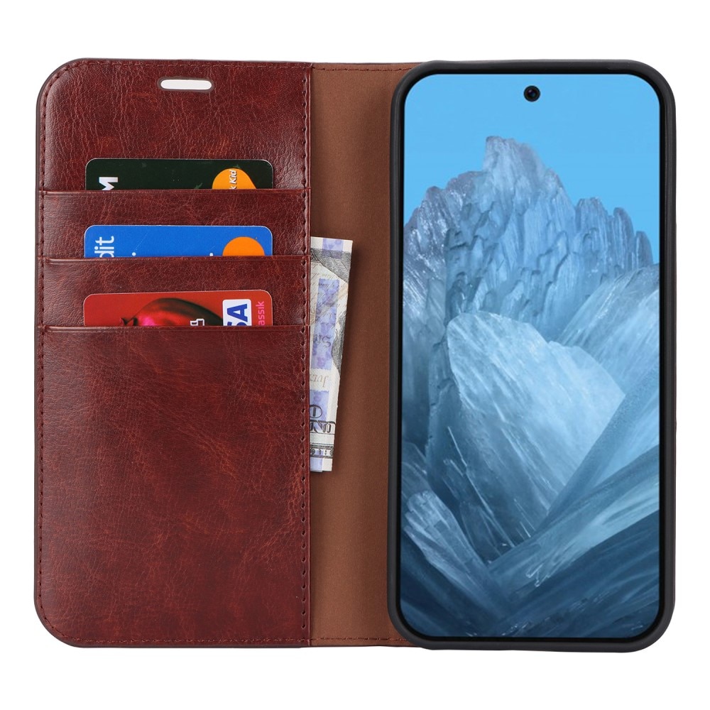 Coque portefeuille en cuir Veritable Google Pixel 9 Pro, marron foncé