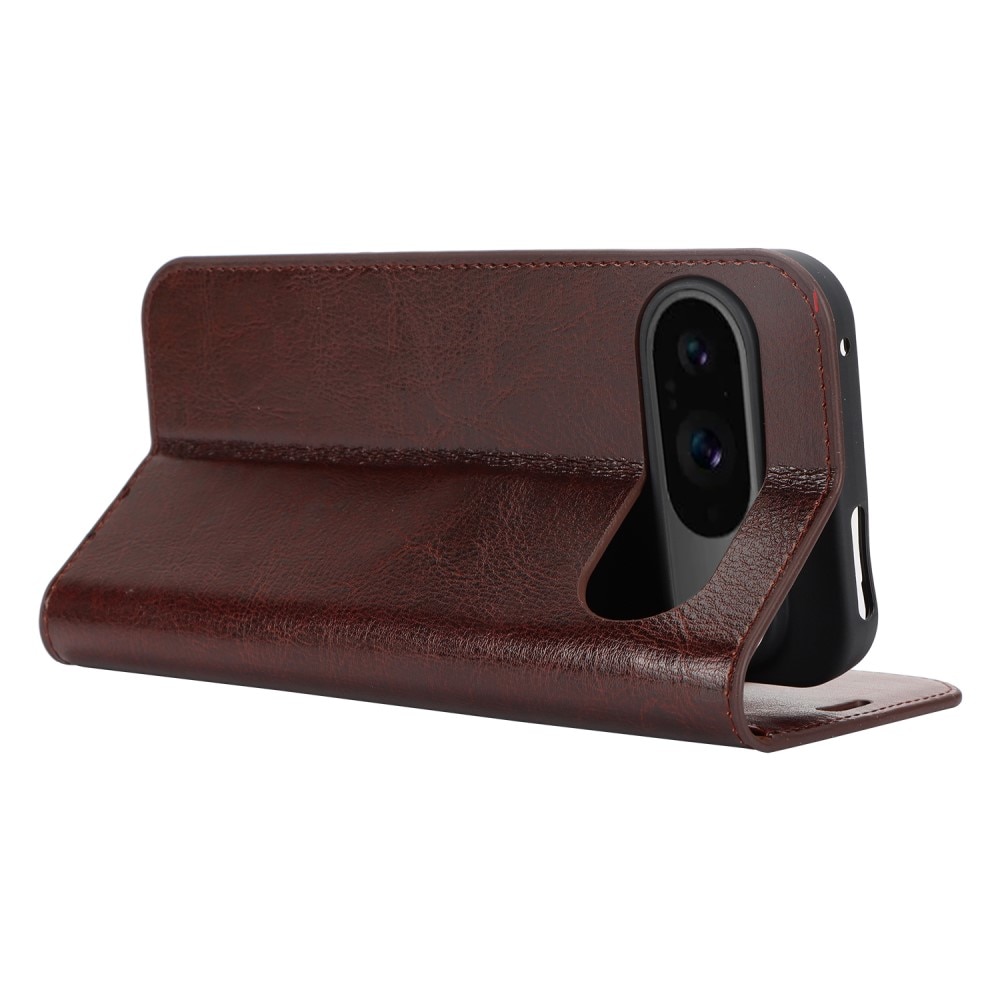 Coque portefeuille en cuir Veritable Google Pixel 9, marron foncé