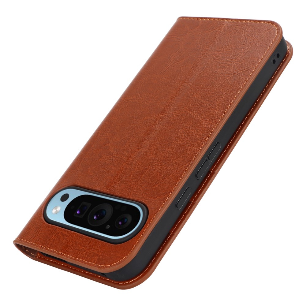 Coque portefeuille en cuir Veritable Google Pixel 9 Pro XL, marron