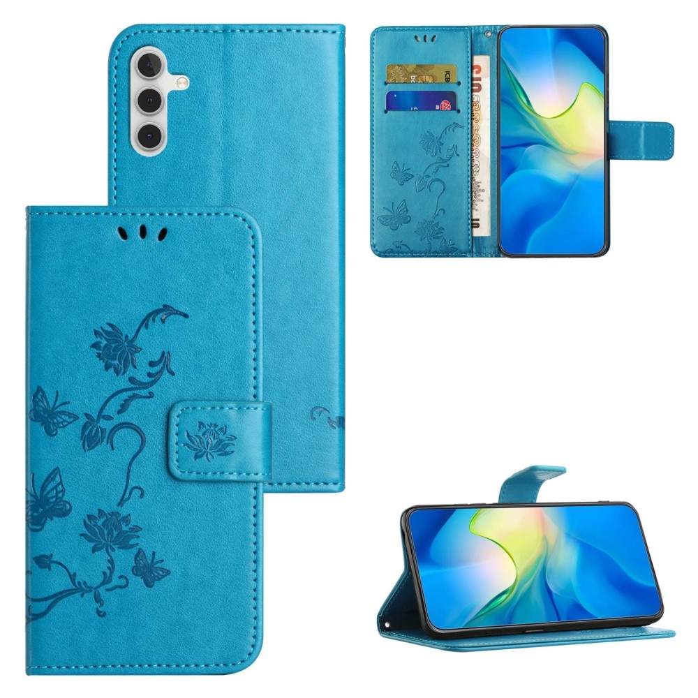 Étui en cuir à papillons pour Samsung Galaxy S24 FE, bleu