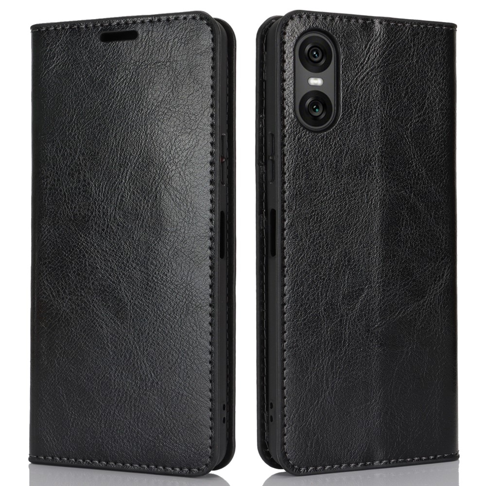 Coque portefeuille en cuir Veritable Sony Xperia 10 VI, noir