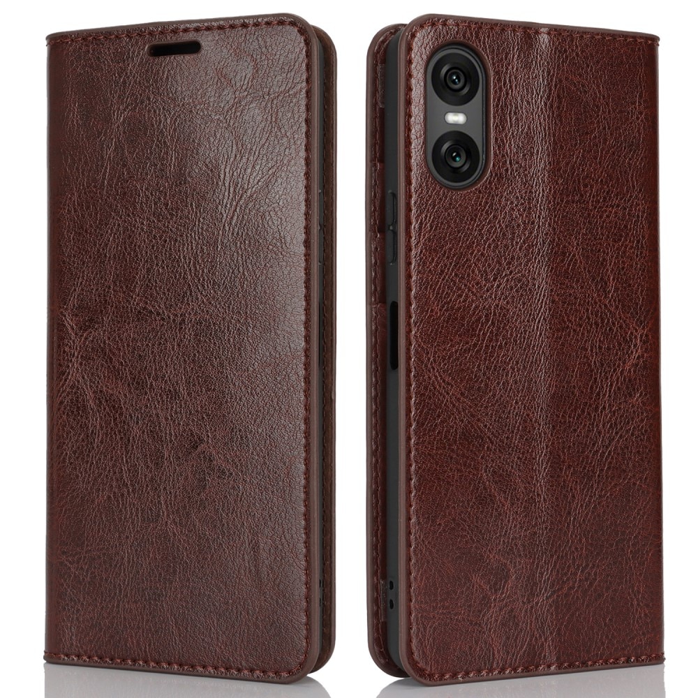 Coque portefeuille en cuir Veritable Sony Xperia 10 VI, marron foncé