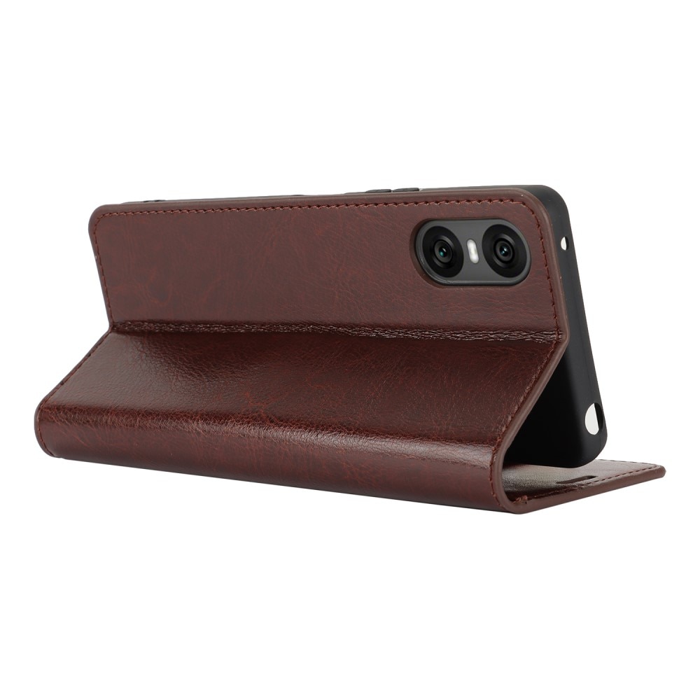 Coque portefeuille en cuir Veritable Sony Xperia 10 VI, marron foncé