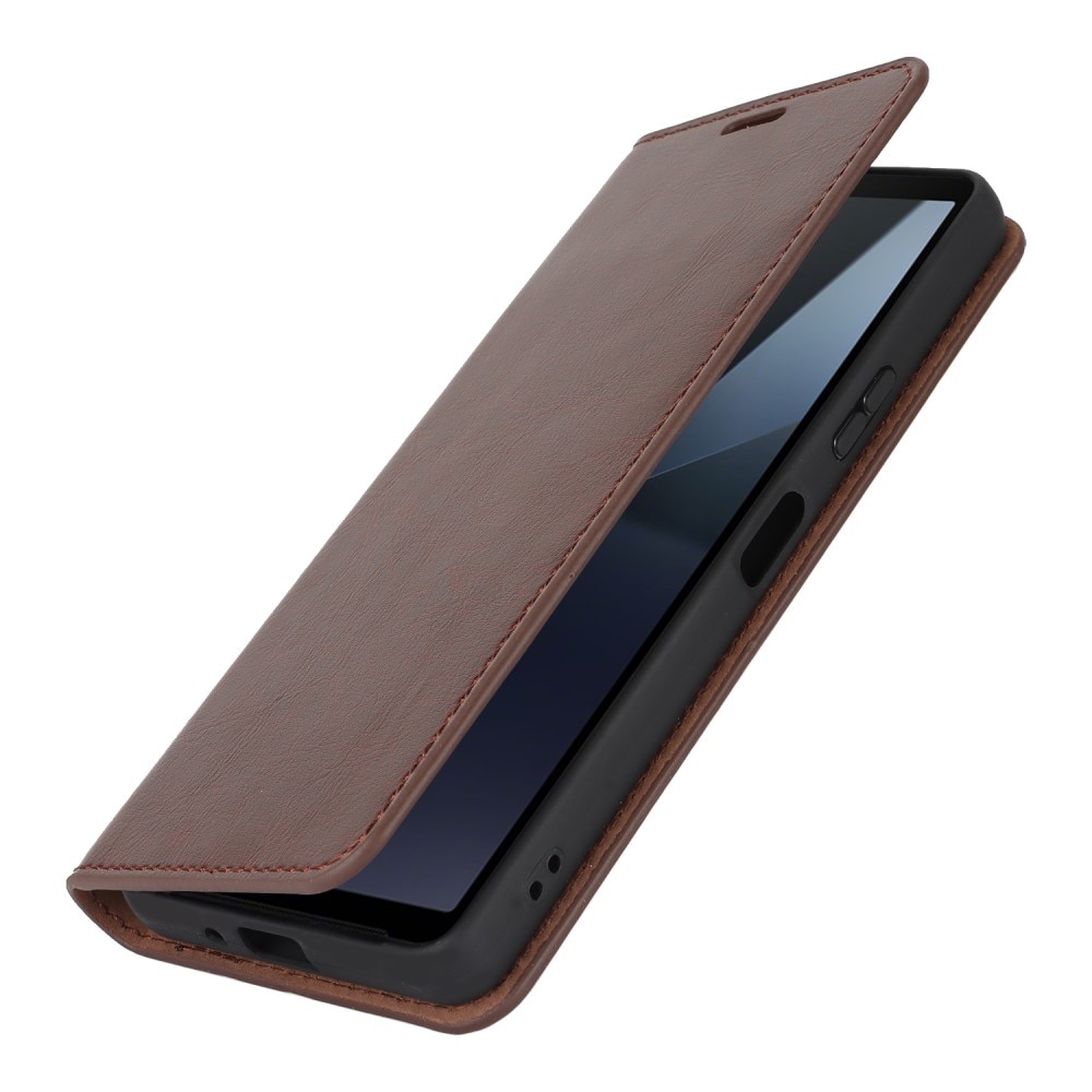 Coque portefeuille en cuir Veritable Sony Xperia 10 VI, marron foncé