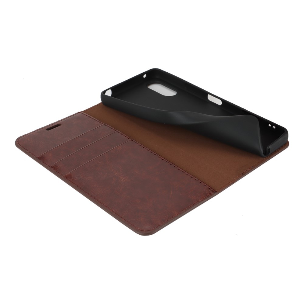 Coque portefeuille en cuir Veritable Sony Xperia 10 VI, marron foncé