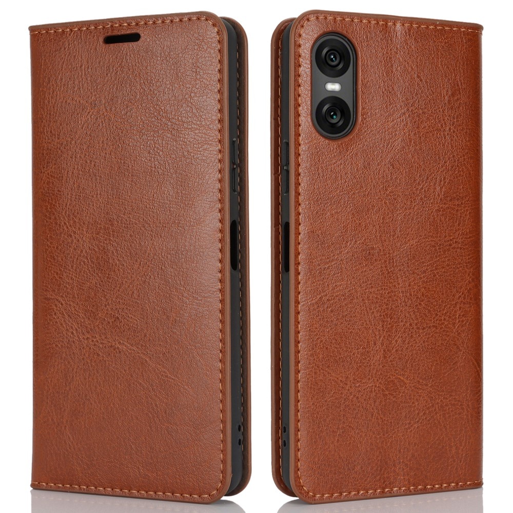 Coque portefeuille en cuir Veritable Sony Xperia 10 VI, marron