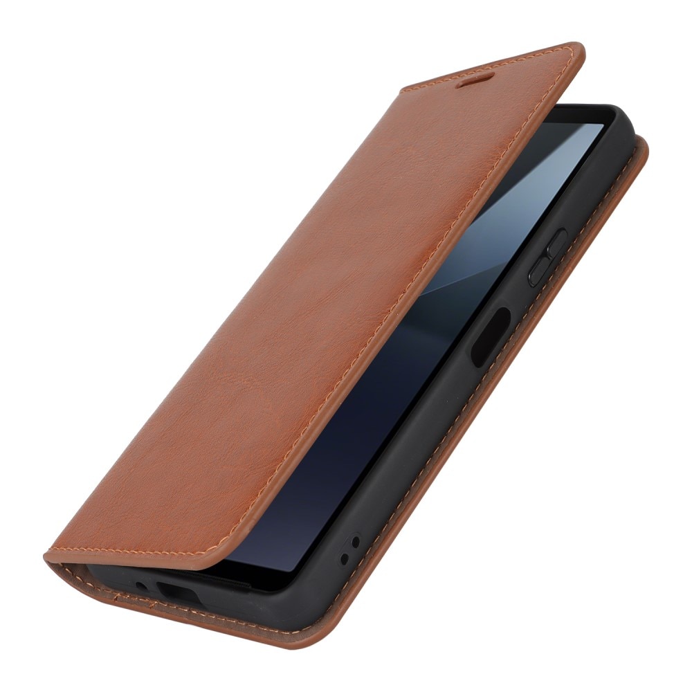 Coque portefeuille en cuir Veritable Sony Xperia 10 VI, marron