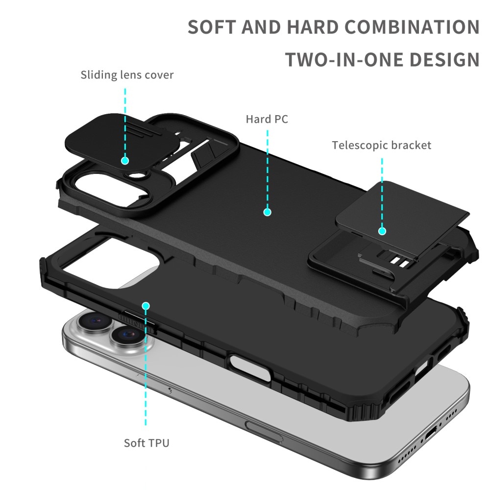 Coque Kickstand avec Protège Caméra iPhone 16, Noir