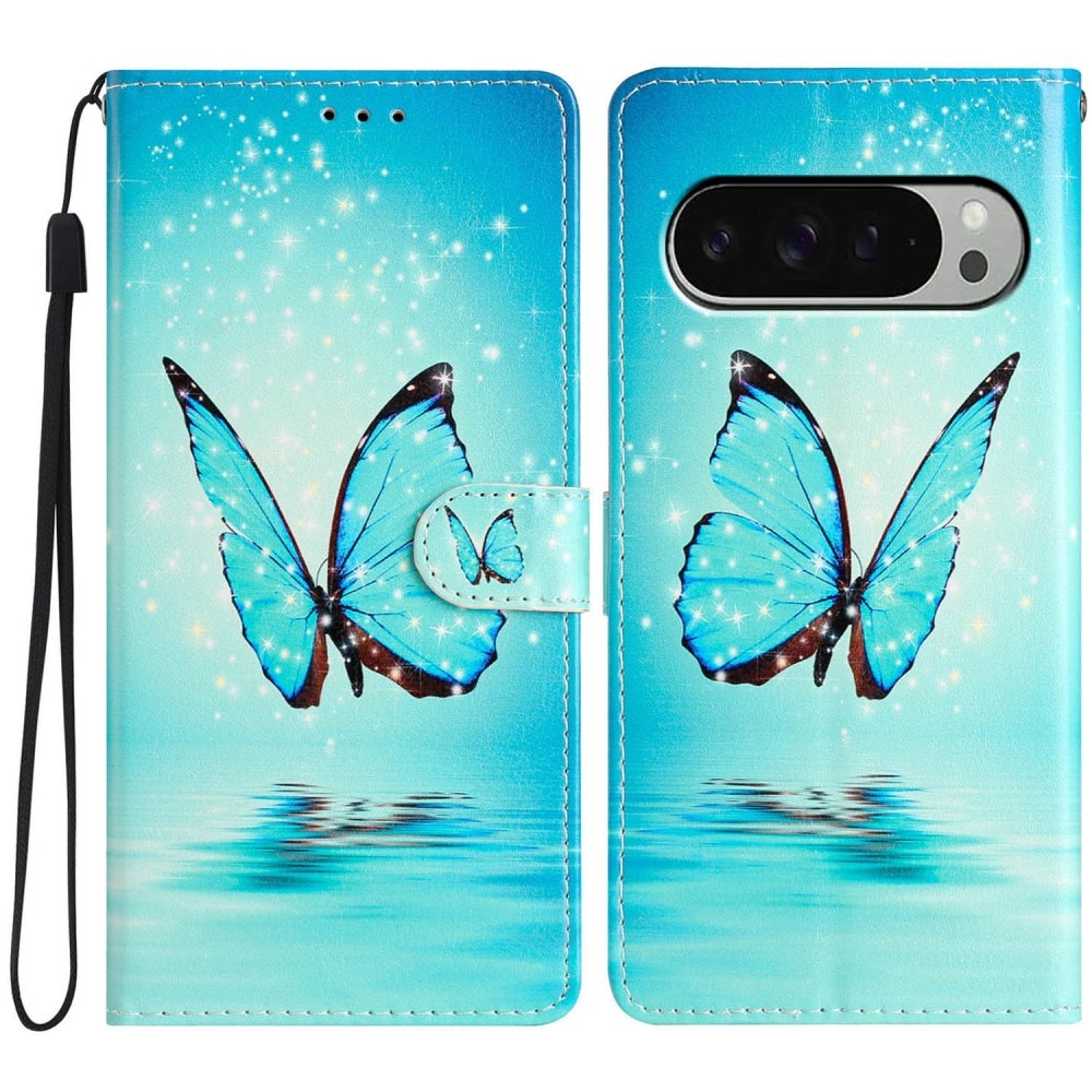 Coque portefeuille Google Pixel 9, papillons bleus