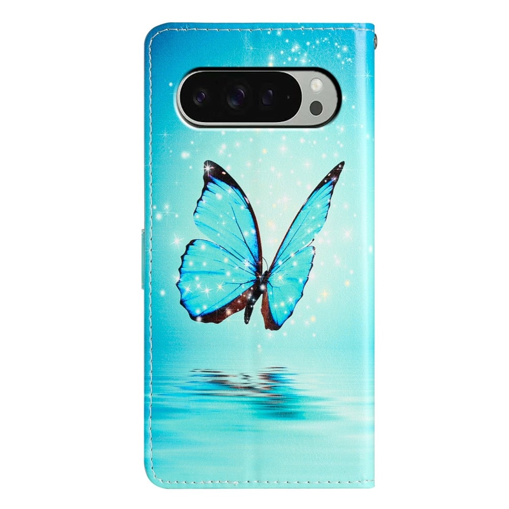 Coque portefeuille Google Pixel 9 Pro, papillons bleus