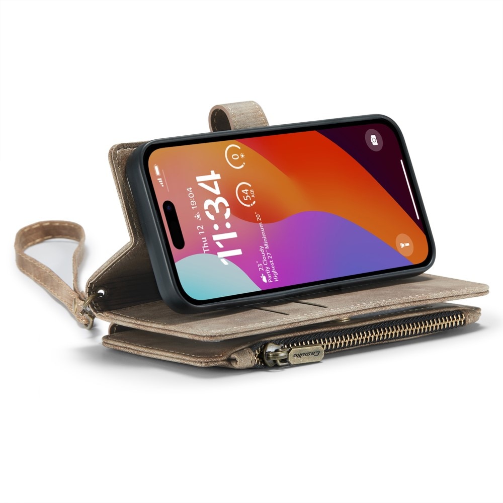 Étui portefeuille à glissière iPhone 16 Pro, Marron