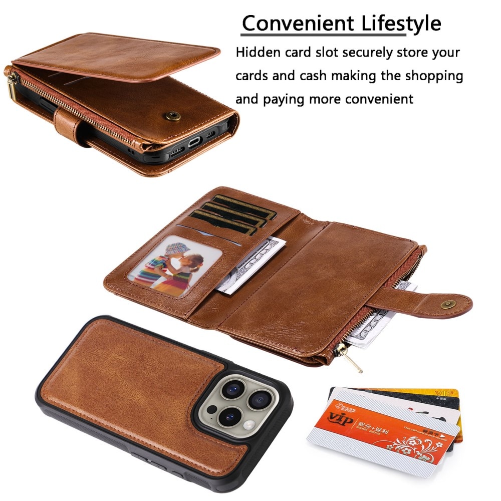 Magnet Leather Multi Wallet iPhone 16 Pro, marron