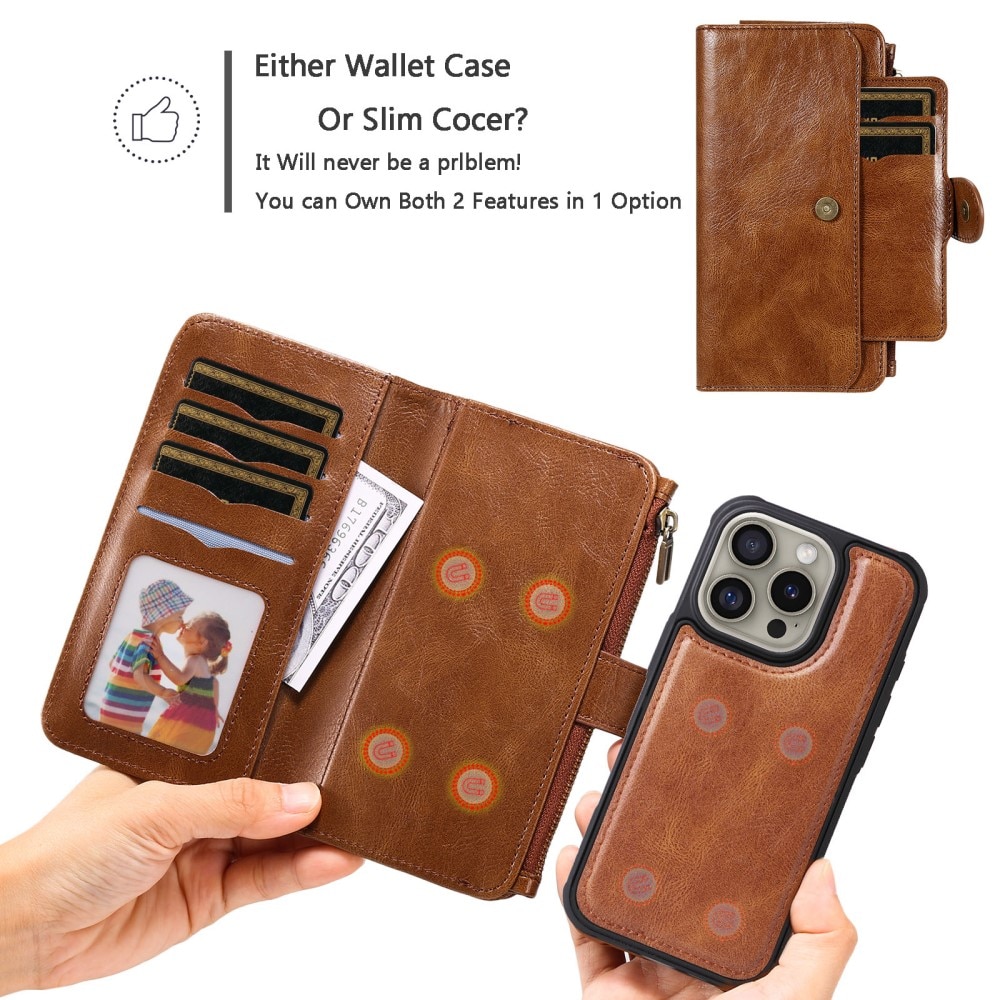 Magnet Leather Multi Wallet iPhone 16 Pro, marron