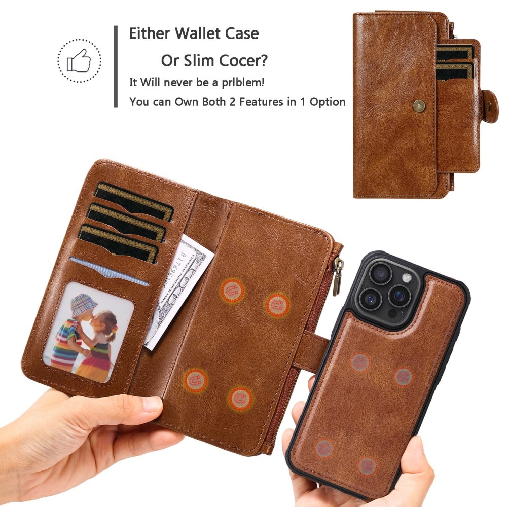 Magnet Leather Multi Wallet iPhone 16 Pro Max, marron