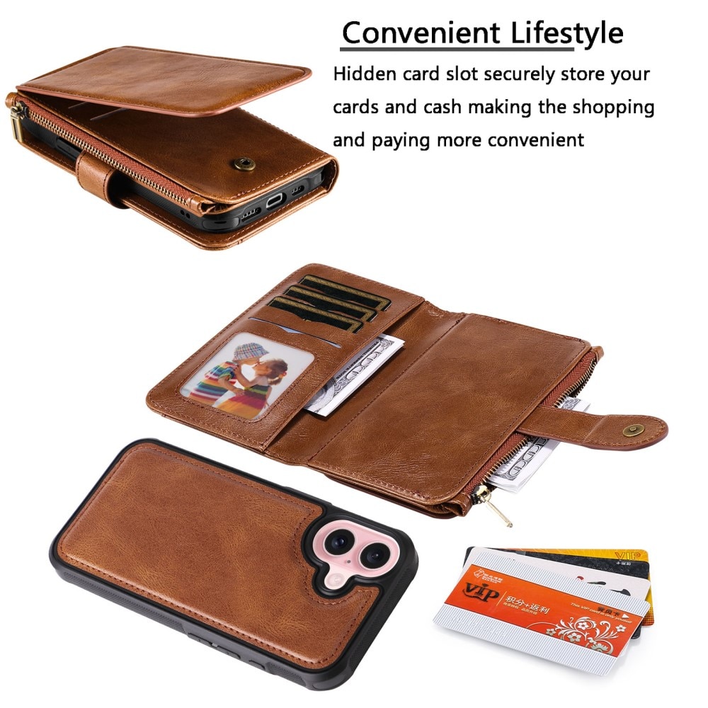 Magnet Leather Multi Wallet iPhone 16, marron