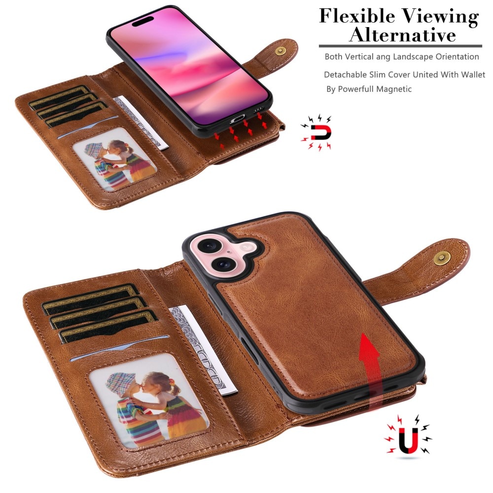 Magnet Leather Multi Wallet iPhone 16, marron