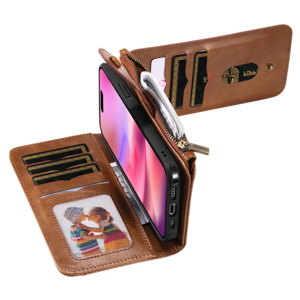 Magnet Leather Multi Wallet iPhone 16, marron