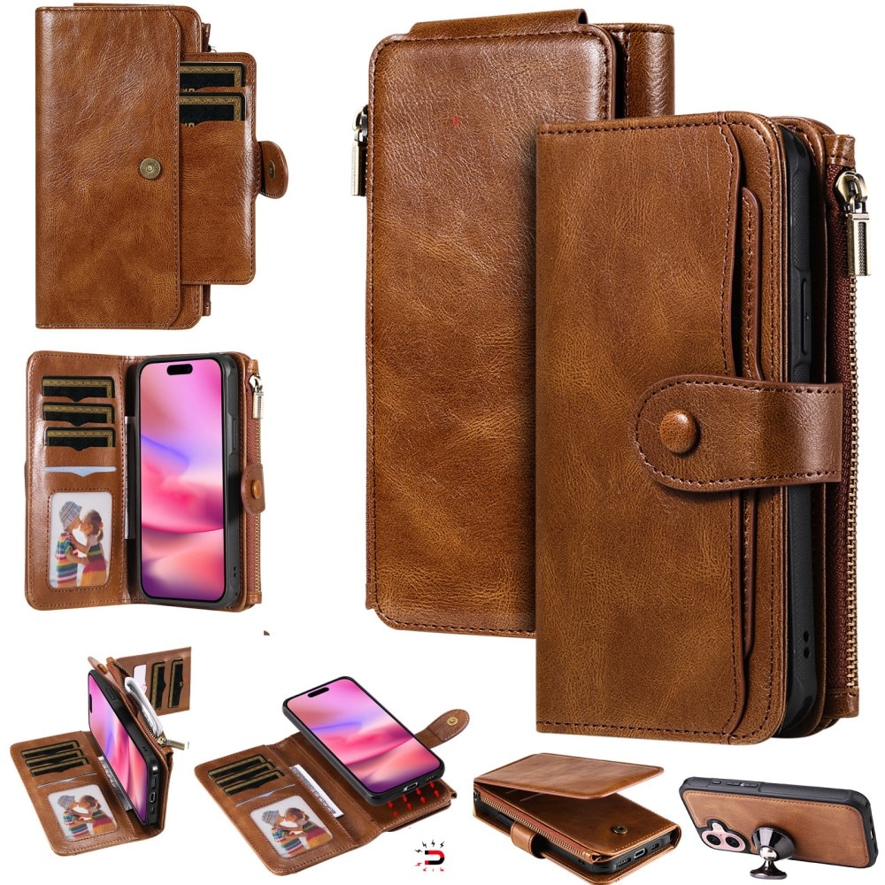 Magnet Leather Multi Wallet iPhone 16, marron