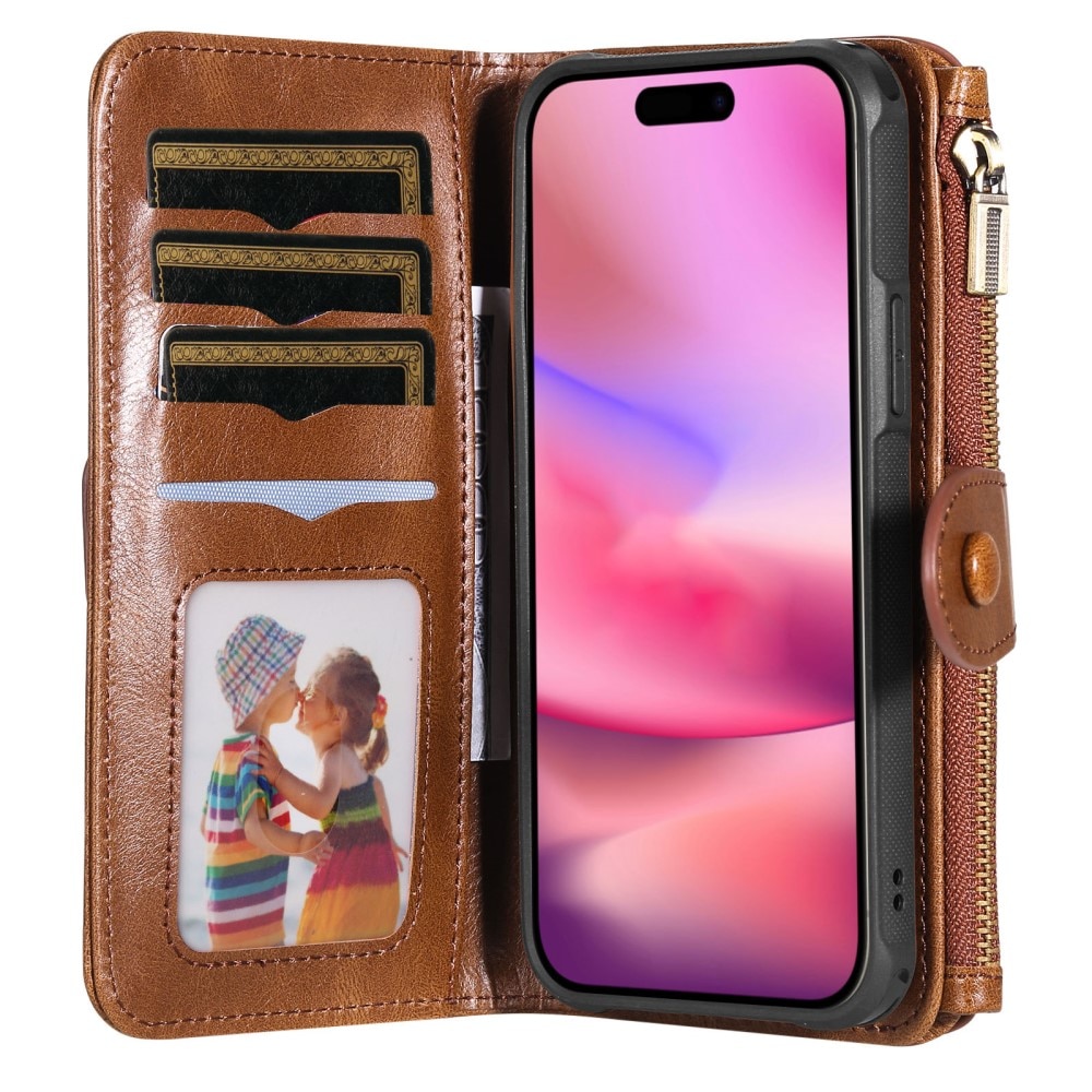 Magnet Leather Multi Wallet iPhone 16, marron