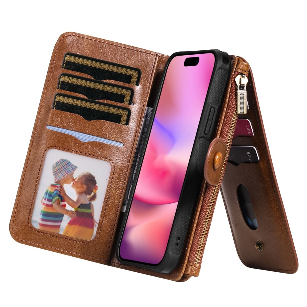 Magnet Leather Multi Wallet iPhone 16, marron