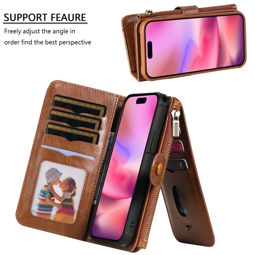 Magnet Leather Multi Wallet iPhone 16, marron